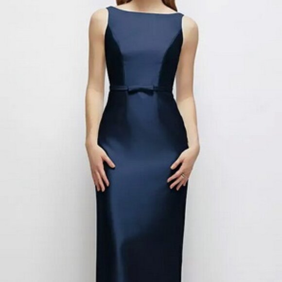 Alfred Sung Midnight Blue Sleeveless Satin Twill Column Gown D881 - Picture 1 of 6
